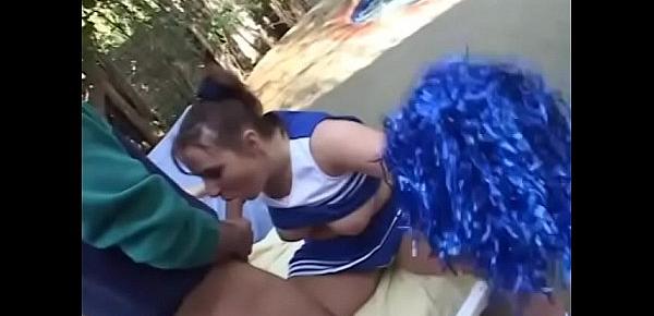  Chubby mom in cheerleader costume rides a hard cock in the backyard